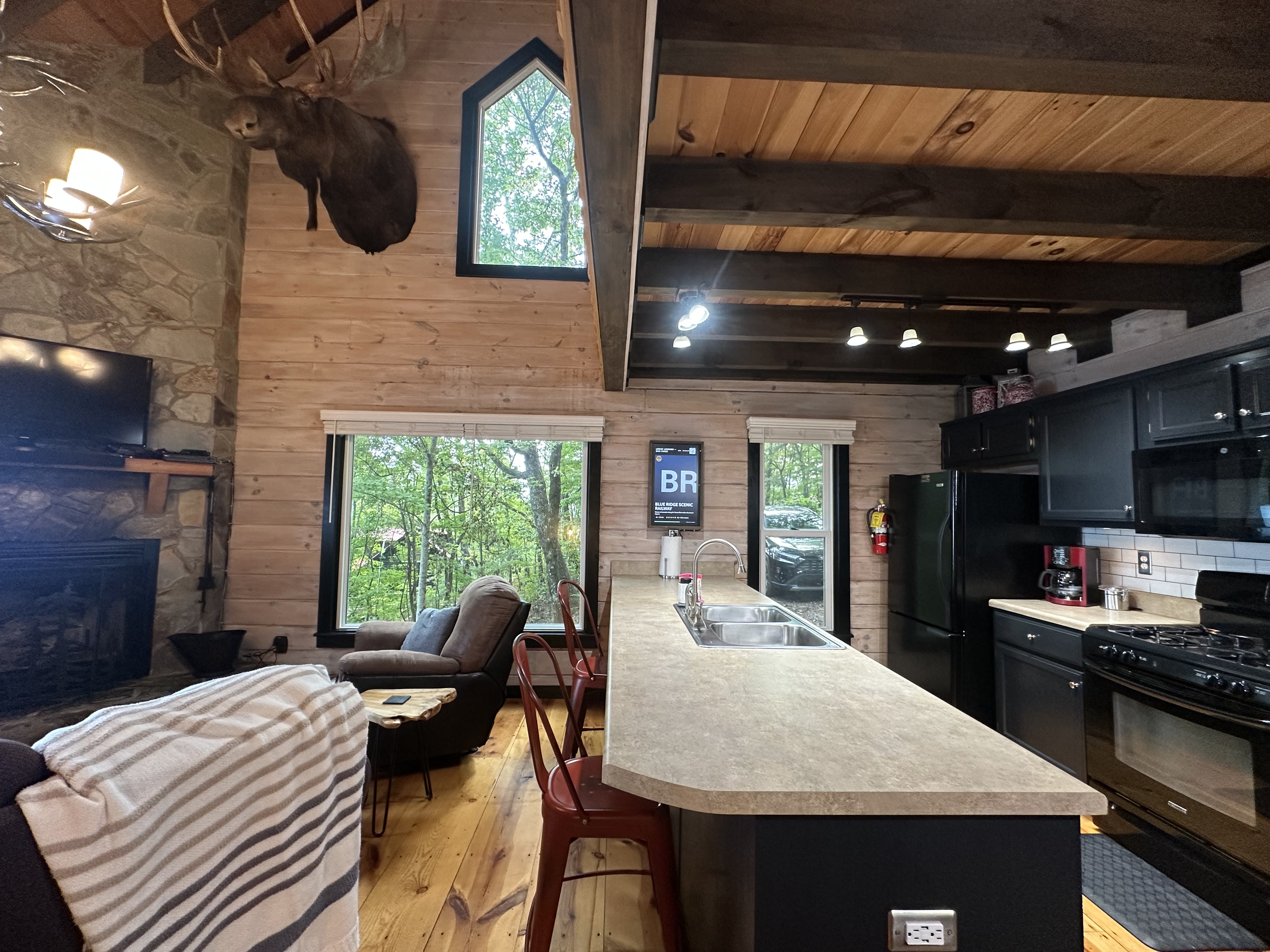 A warm, open main level with the kitchen, fireplace, and living room all connected.